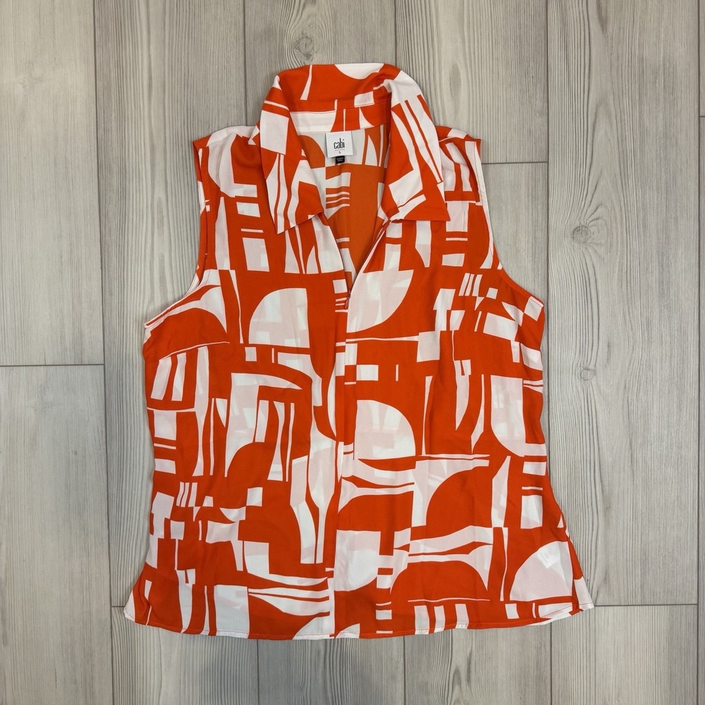 Cabi Kelly Top Women's Large 6103 Orange & White Printed 1/2 Zip Sleeveless Top
